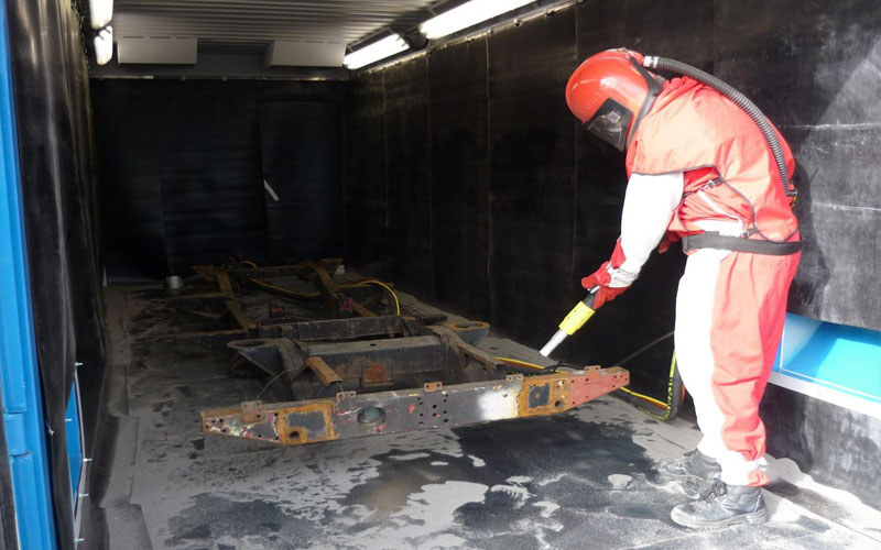 Underside chassis sandblasting as part of rust proofing preparation